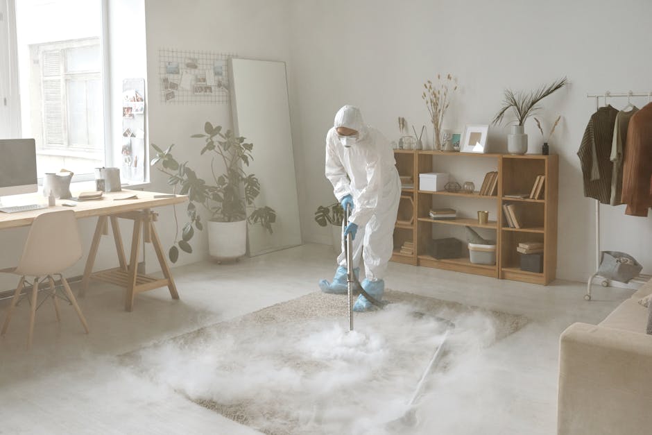 A professional cleaner wearing a white protective suit, face mask, and gloves is performing emergency flood carpet cleaning in a bright, modern living room. The room features a white carpet that is being thoroughly cleaned, with visible steam or mist indicating deep cleaning and sanitisation processes. To the left, there is a wooden dining table with white chairs, next to a window allowing natural light to illuminate the space. In the background, a large mirror and a potted plant are placed near the wall, while a wooden shelving unit houses decorative items, books, and a small potted plant. On the right, a coat rack with hanging garments and a small iron are situated near the beige sofa. The overall setting shows a tidy, well-maintained domestic environment with clean surfaces, where Carpet Cleaners Pimlico is providing expert surface cleaning and flood restoration services.